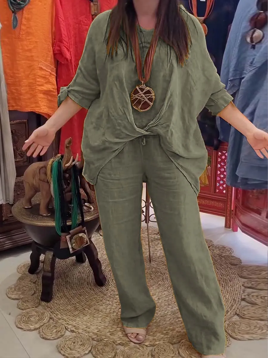 Women's Solid Color V-Neck 3/4 Sleeves Twisted Top Casual Linen Wide Leg Pants Two-Piece Set