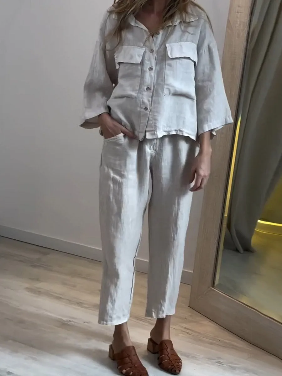 Women's Solid Lapel 3/4 Sleeve Casual Linen Pocket Shirt High Waist 3/4 Straight Pants Suit