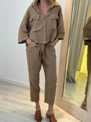 Women's Solid Lapel 3/4 Sleeve Casual Linen Pocket Shirt High Waist 3/4 Straight Pants Suit