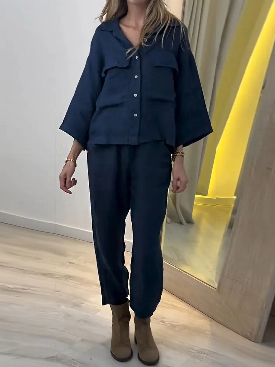 Women's Solid Lapel 3/4 Sleeve Casual Linen Pocket Shirt High Waist 3/4 Straight Pants Suit
