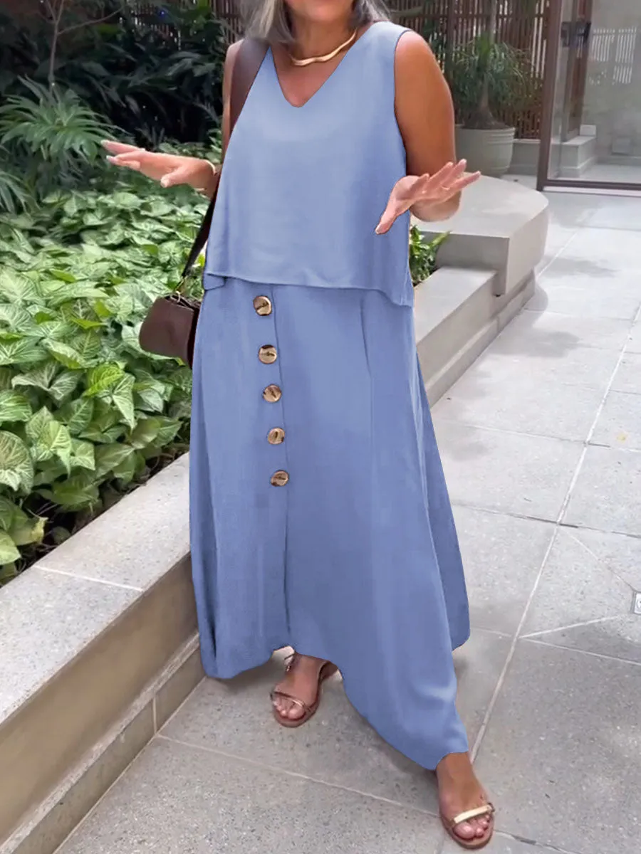 Women's Solid V-Neck Sleeveless Top Casual Linen Button Skirt Set