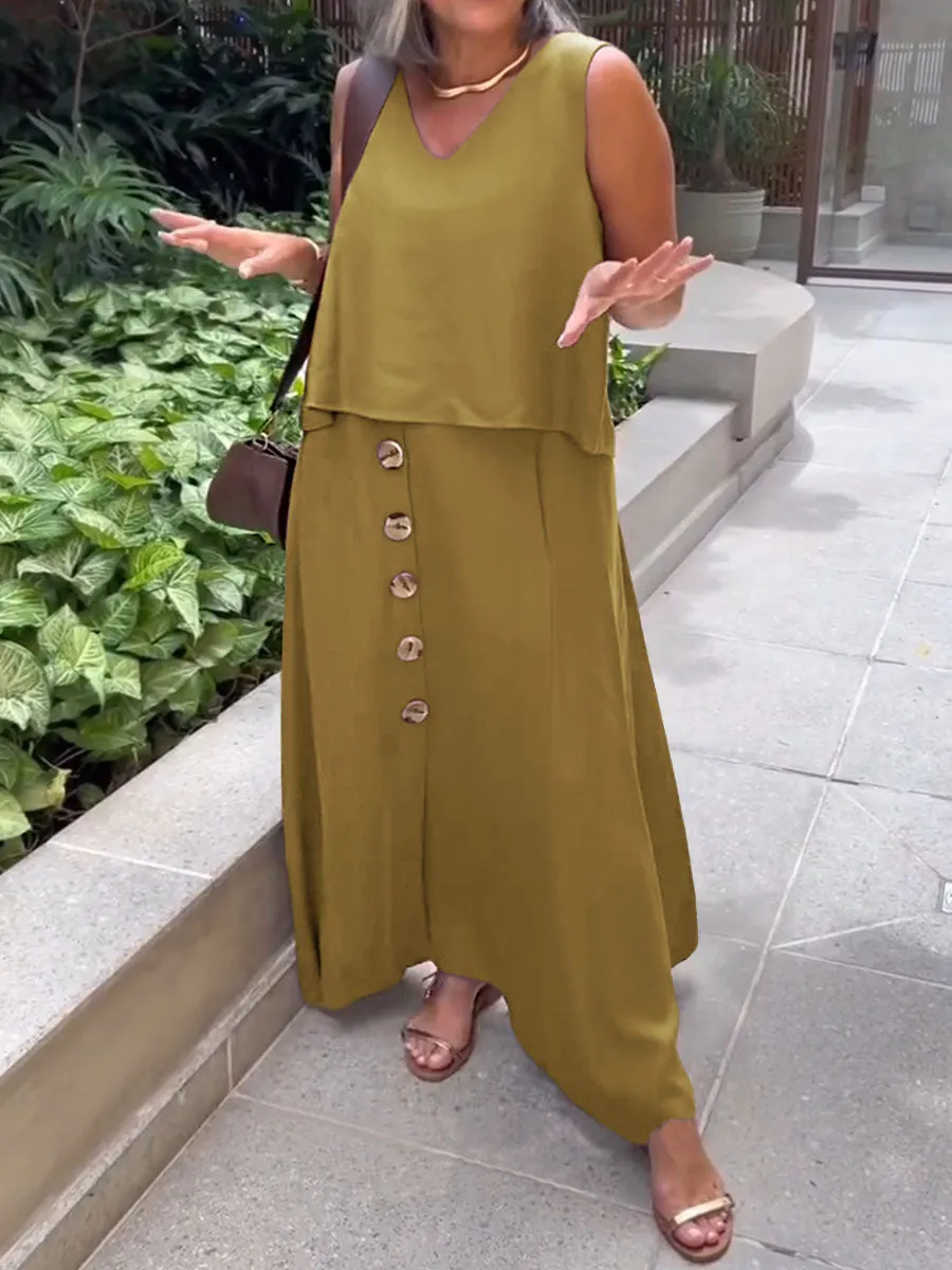 Women's Solid V-Neck Sleeveless Top Casual Linen Button Skirt Set
