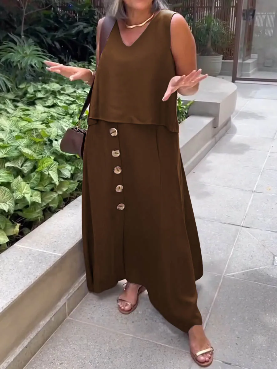 Women's Solid V-Neck Sleeveless Top Casual Linen Button Skirt Set