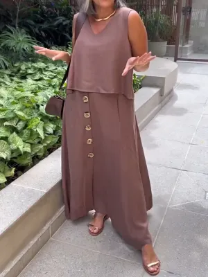Women's Solid V-Neck Sleeveless Top Casual Linen Button Skirt Set