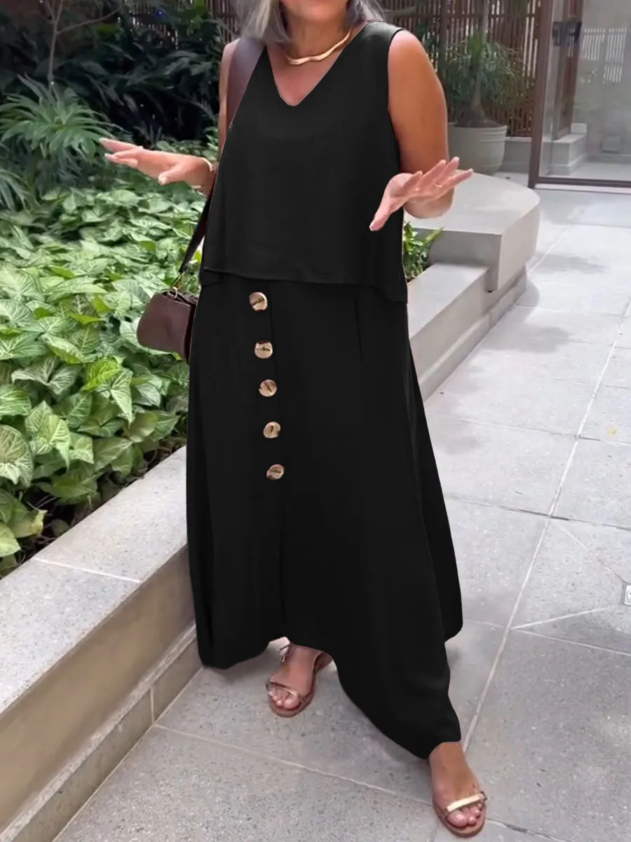 Women's Solid V-Neck Sleeveless Top Casual Linen Button Skirt Set