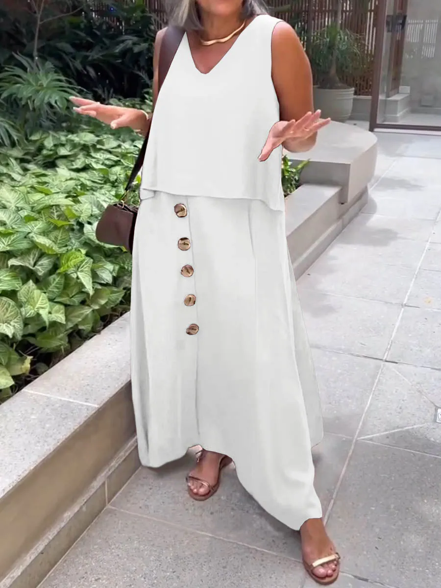 Women's Solid V-Neck Sleeveless Top Casual Linen Button Skirt Set