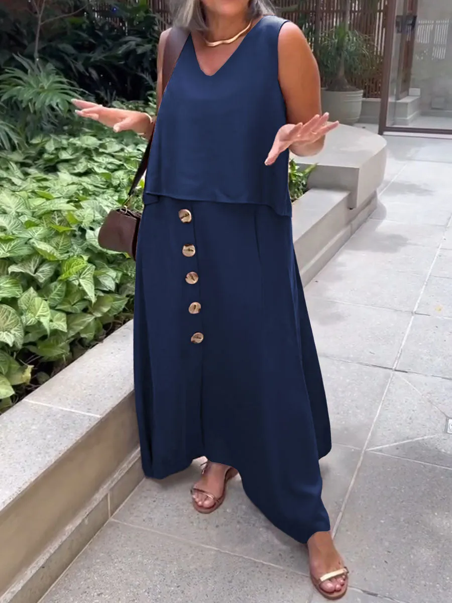 Women's Solid V-Neck Sleeveless Top Casual Linen Button Skirt Set