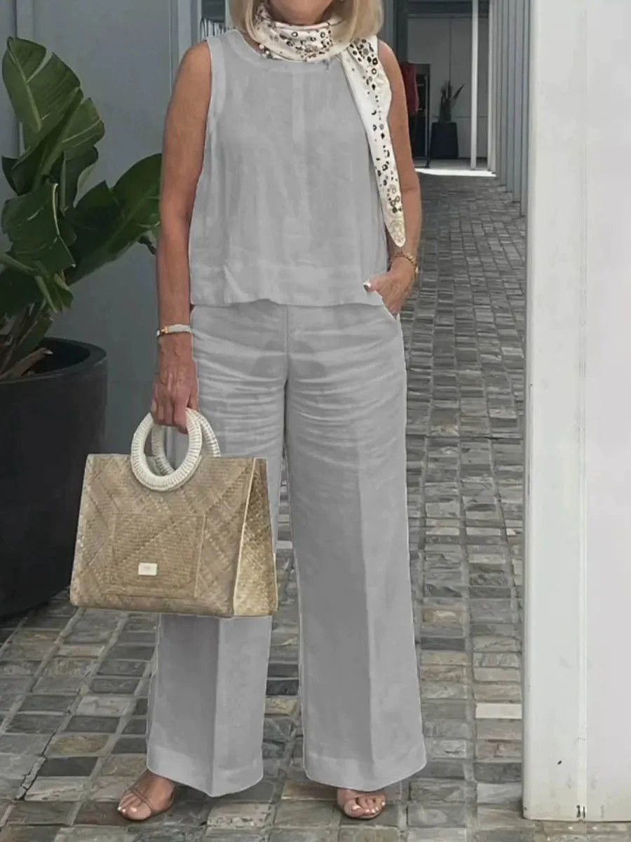 Women's Summer Sleeveless Solid Color Cotton and Linen Wide Leg Pants Set