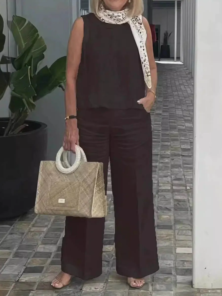 Women's Summer Sleeveless Solid Color Cotton and Linen Wide Leg Pants Set