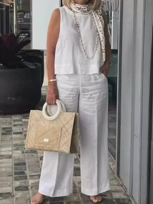 Women's Summer Sleeveless Solid Color Cotton and Linen Wide Leg Pants Set