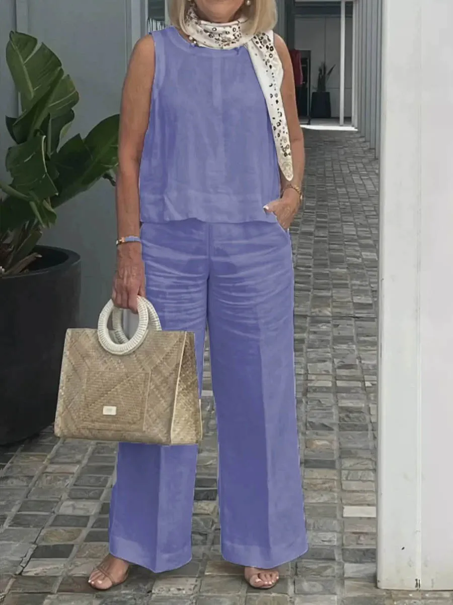 Women's Summer Sleeveless Solid Color Cotton and Linen Wide Leg Pants Set