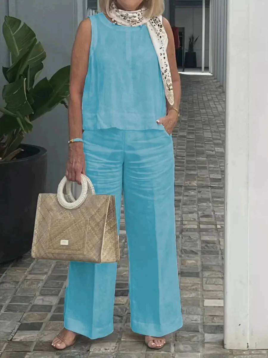 Women's Summer Sleeveless Solid Color Cotton and Linen Wide Leg Pants Set