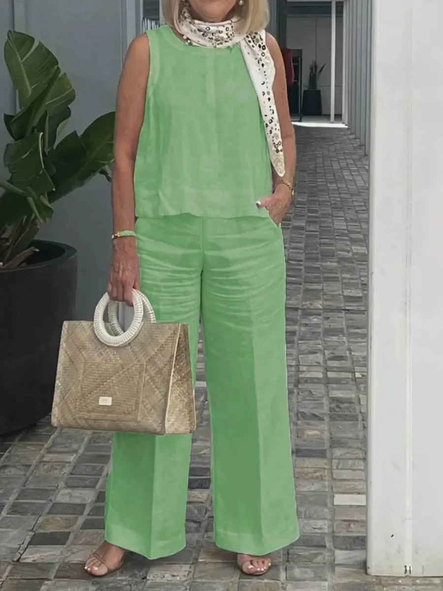 Women's Summer Sleeveless Solid Color Cotton and Linen Wide Leg Pants Set