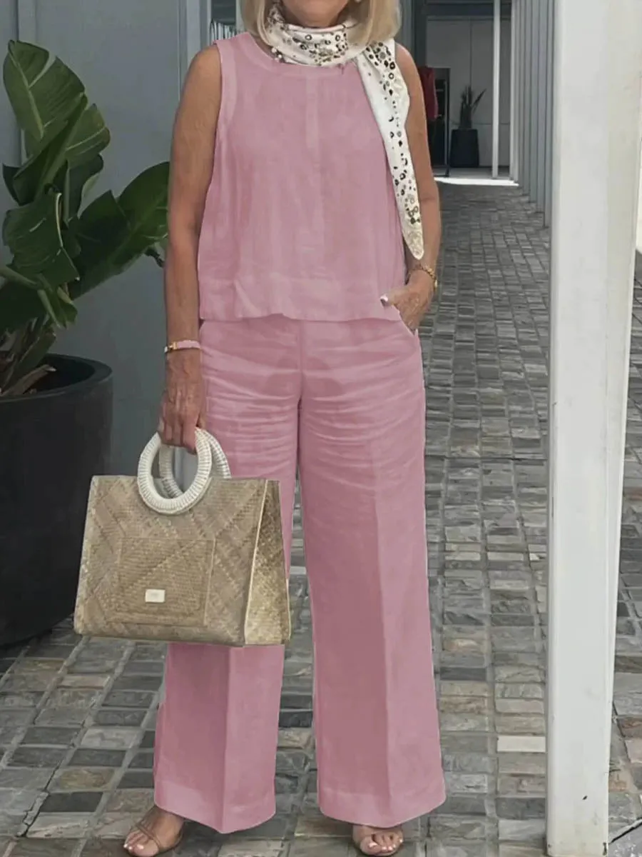 Women's Summer Sleeveless Solid Color Cotton and Linen Wide Leg Pants Set