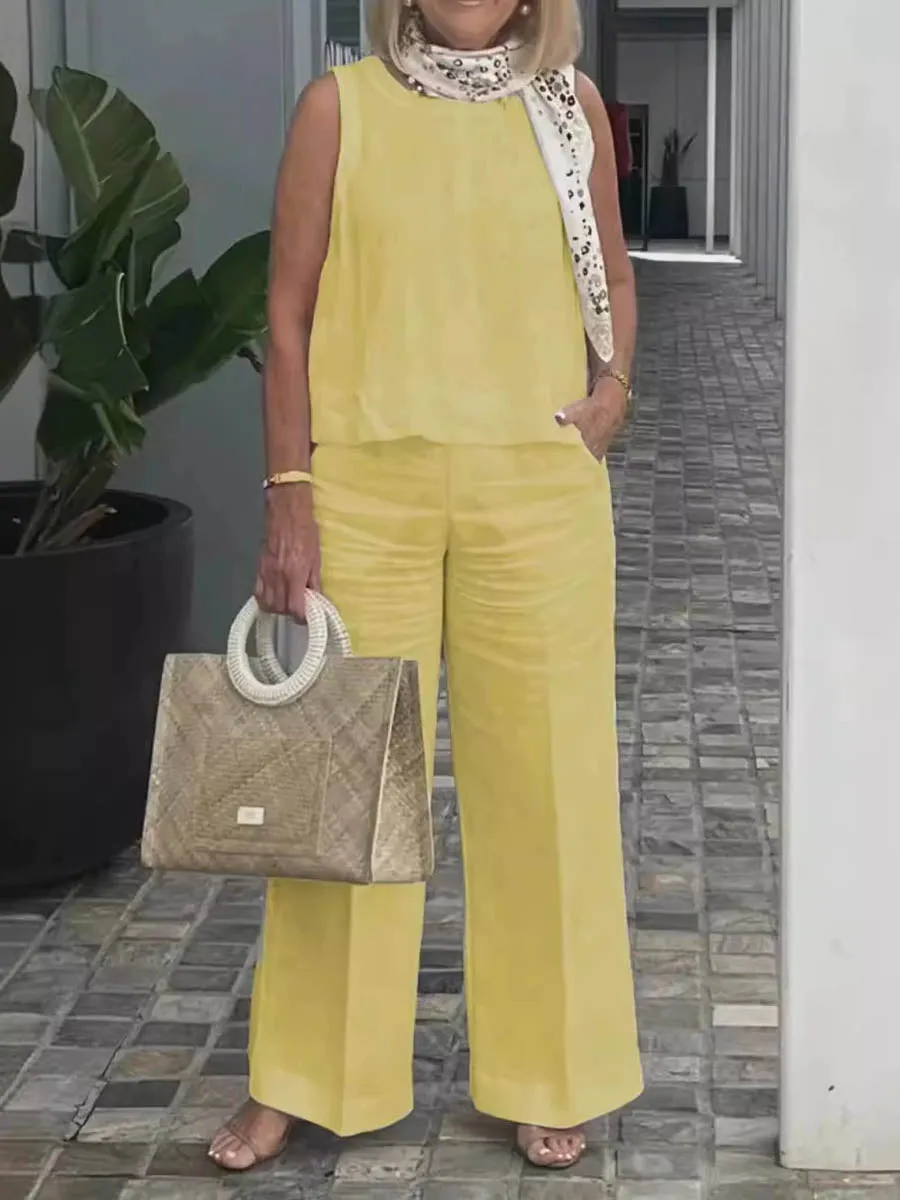 Women's Summer Sleeveless Solid Color Cotton and Linen Wide Leg Pants Set