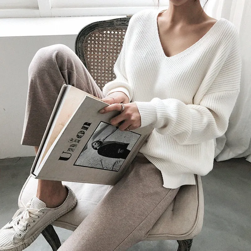 Womens Sweaters 2019 Autumn Winter Casual V Neck Women Pullover Sweater Solid Long Sleeve Fashion Loose Knitted Cashmere Top