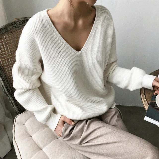 Womens Sweaters 2019 Autumn Winter Casual V Neck Women Pullover Sweater Solid Long Sleeve Fashion Loose Knitted Cashmere Top