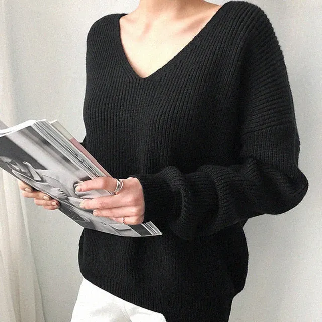 Womens Sweaters 2019 Autumn Winter Casual V Neck Women Pullover Sweater Solid Long Sleeve Fashion Loose Knitted Cashmere Top