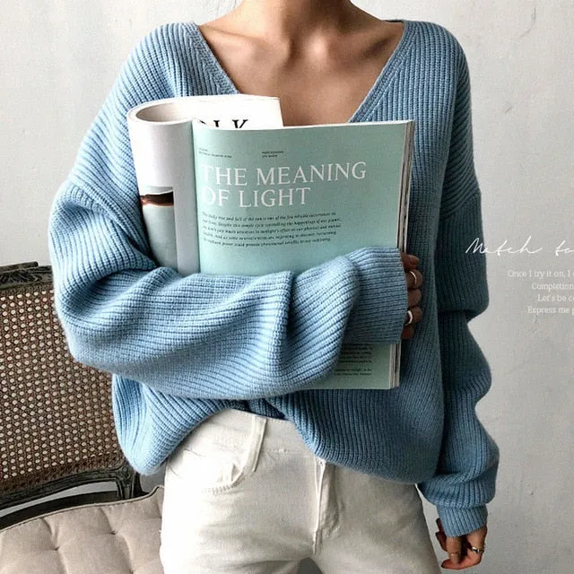 Womens Sweaters 2019 Autumn Winter Casual V Neck Women Pullover Sweater Solid Long Sleeve Fashion Loose Knitted Cashmere Top