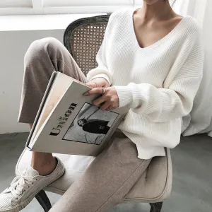 Womens Sweaters 2019 Autumn Winter Casual V Neck Women Pullover Sweater Solid Long Sleeve Fashion Loose Knitted Cashmere Top