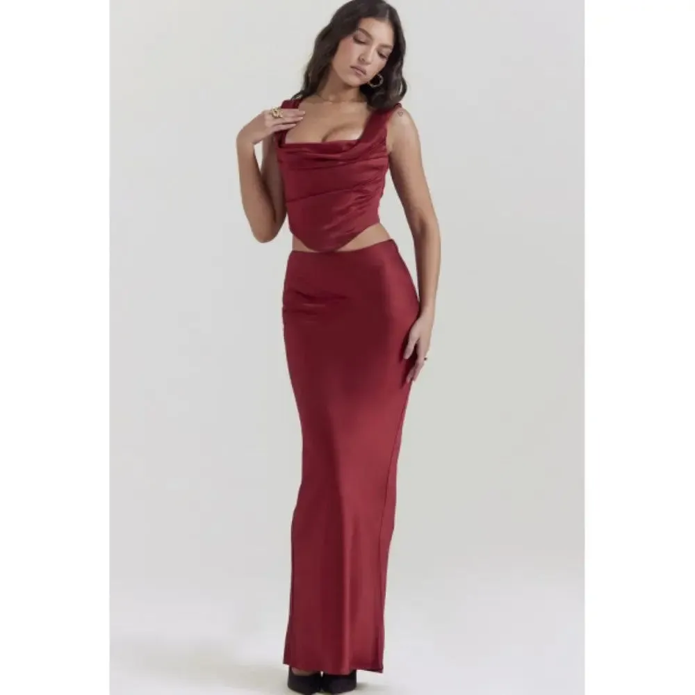 Womens Two-Piece Sling Top and High-Waisted Red Skirt Set - Sexy Outfit