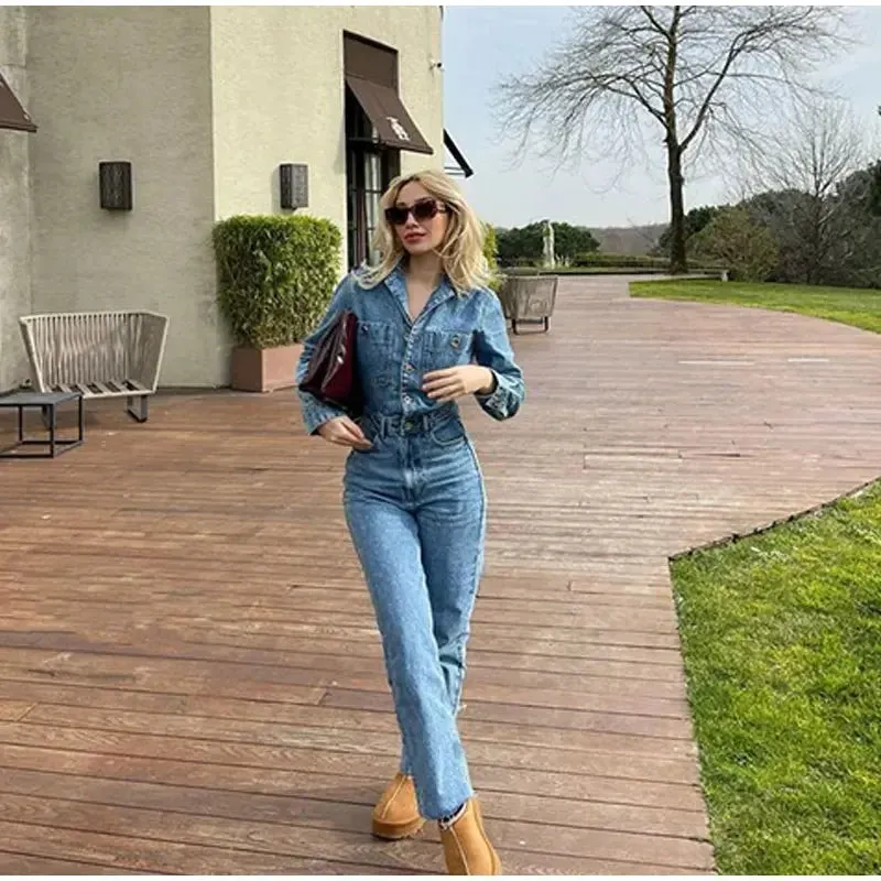 Y2K Women's Denim Jumpsuit Streetwear Elegant Long Sleeve Lapel Jumpsuit
