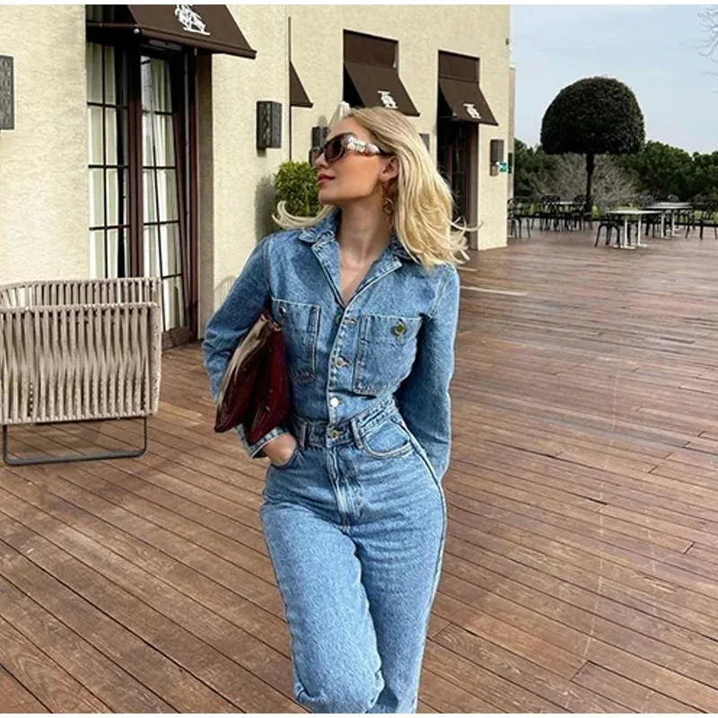 Y2K Women's Denim Jumpsuit Streetwear Elegant Long Sleeve Lapel Jumpsuit