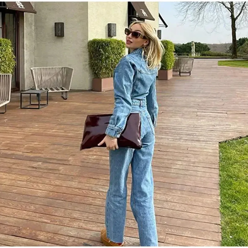 Y2K Women's Denim Jumpsuit Streetwear Elegant Long Sleeve Lapel Jumpsuit
