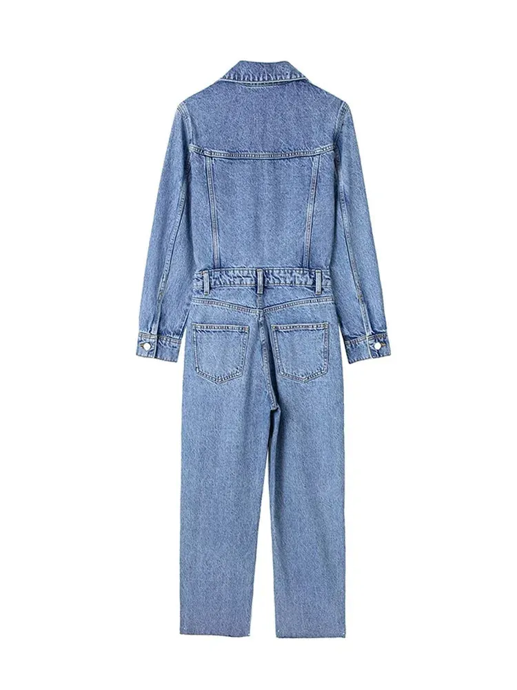 Y2K Women's Denim Jumpsuit Streetwear Elegant Long Sleeve Lapel Jumpsuit