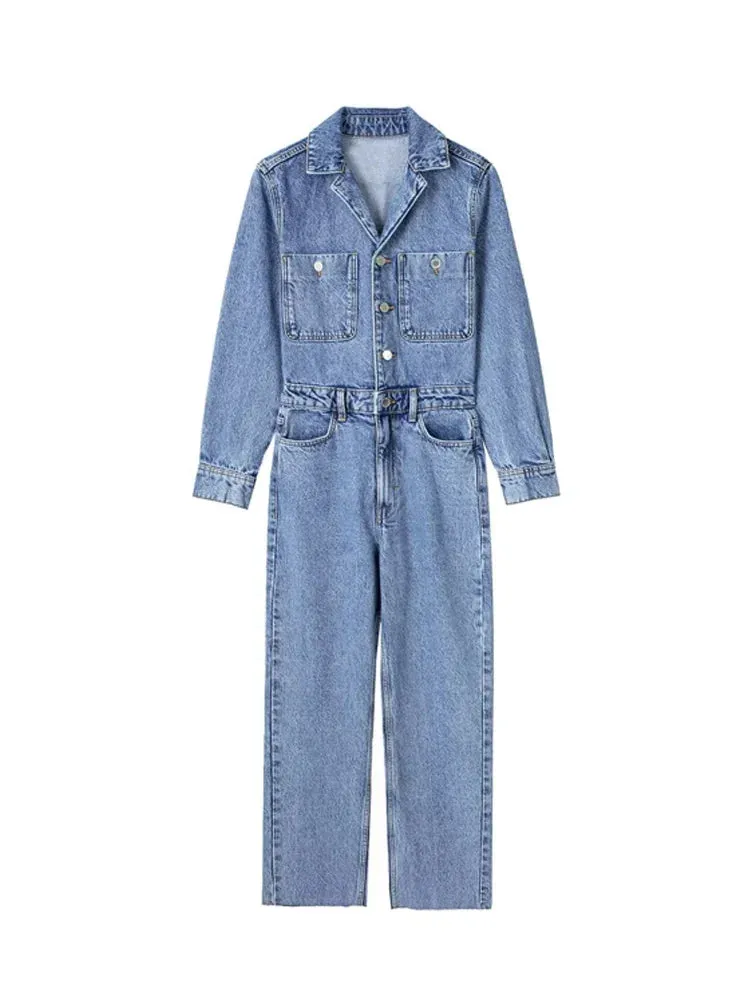 Y2K Women's Denim Jumpsuit Streetwear Elegant Long Sleeve Lapel Jumpsuit