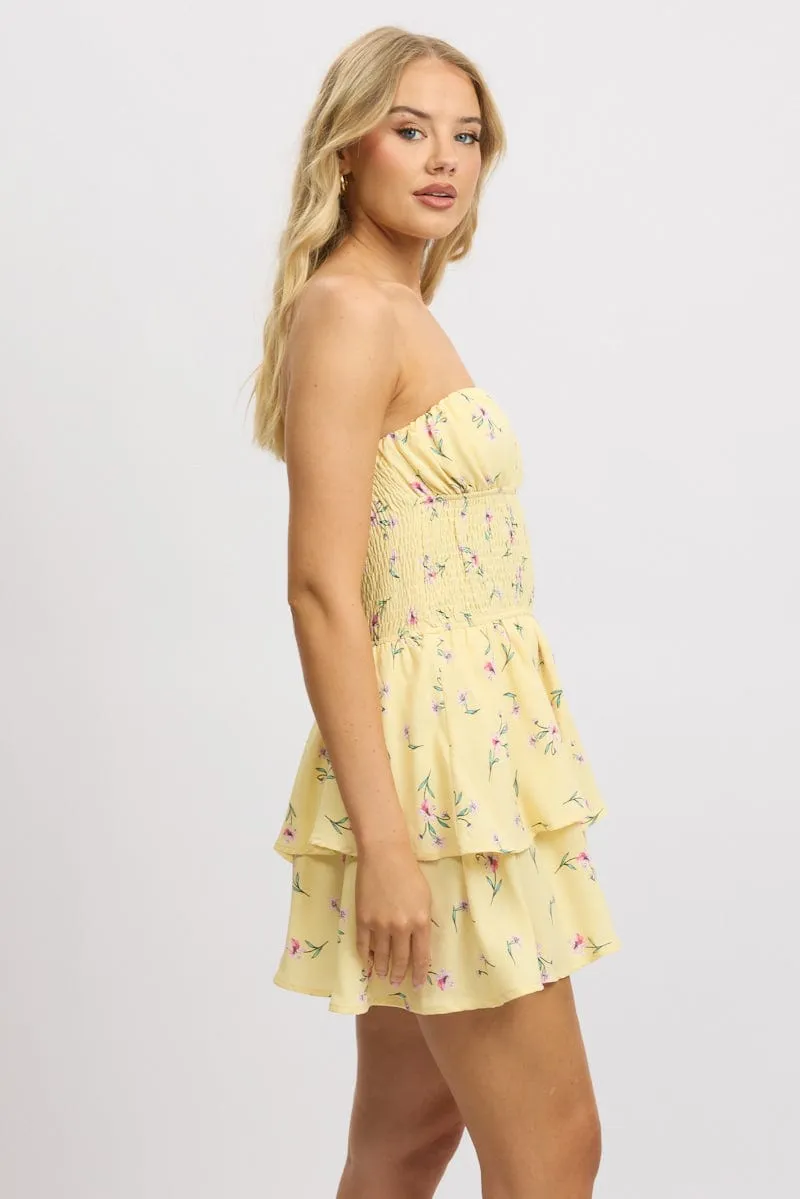 Yellow Floral Strapless Playsuit Ruffled