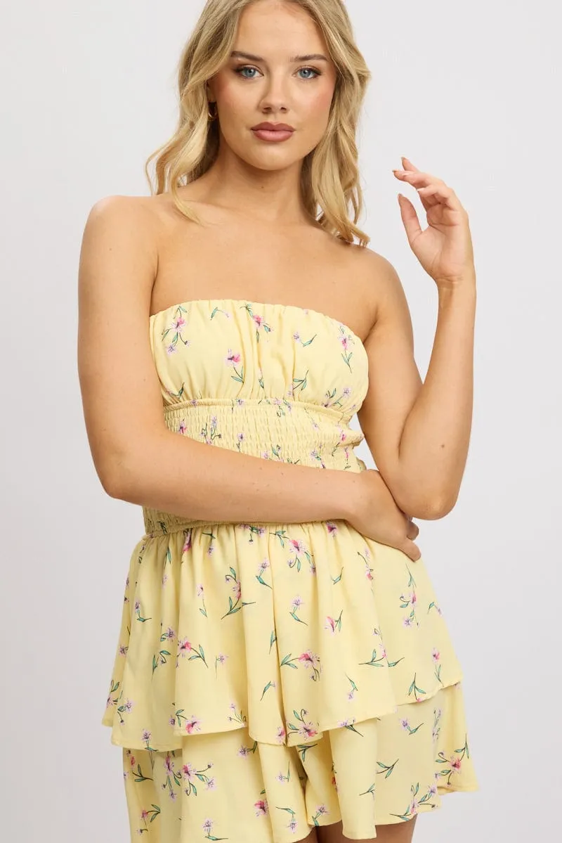 Yellow Floral Strapless Playsuit Ruffled