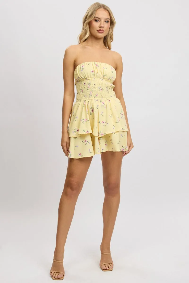 Yellow Floral Strapless Playsuit Ruffled